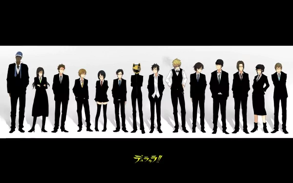 A sleek HD wallpaper featuring characters from the anime Durarara!!, lined up in stylish suits against a minimalist background, showcasing their distinctive personalities.