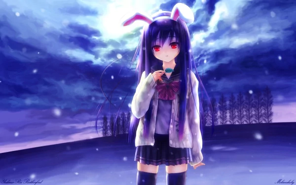HD desktop wallpaper featuring Reisen Udongein Inaba from Touhou with red eyes and bunny ears, standing in a snowy landscape under a mystical sky.