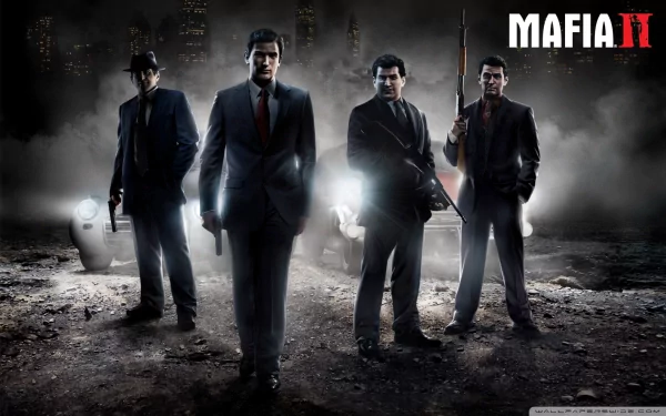 HD PC desktop wallpaper featuring four sharply dressed men from the video game Mafia: The City of Lost Heaven, standing against a dark, smoky urban backdrop.