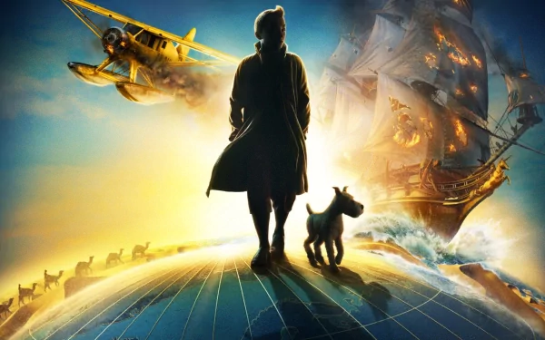 An HD desktop wallpaper featuring iconic scenes from The Adventures of Tintin, showcasing Tintin, his dog, and adventure elements like an airplane and pirate ship against a vibrant backdrop.
