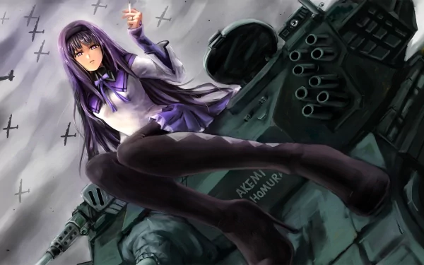 Homura Akemi from Puella Magi Madoka Magica sits on a tank, dressed in a skirt and thigh-high boots, set against a dramatic background of aircraft and clouds. HD anime desktop wallpaper.