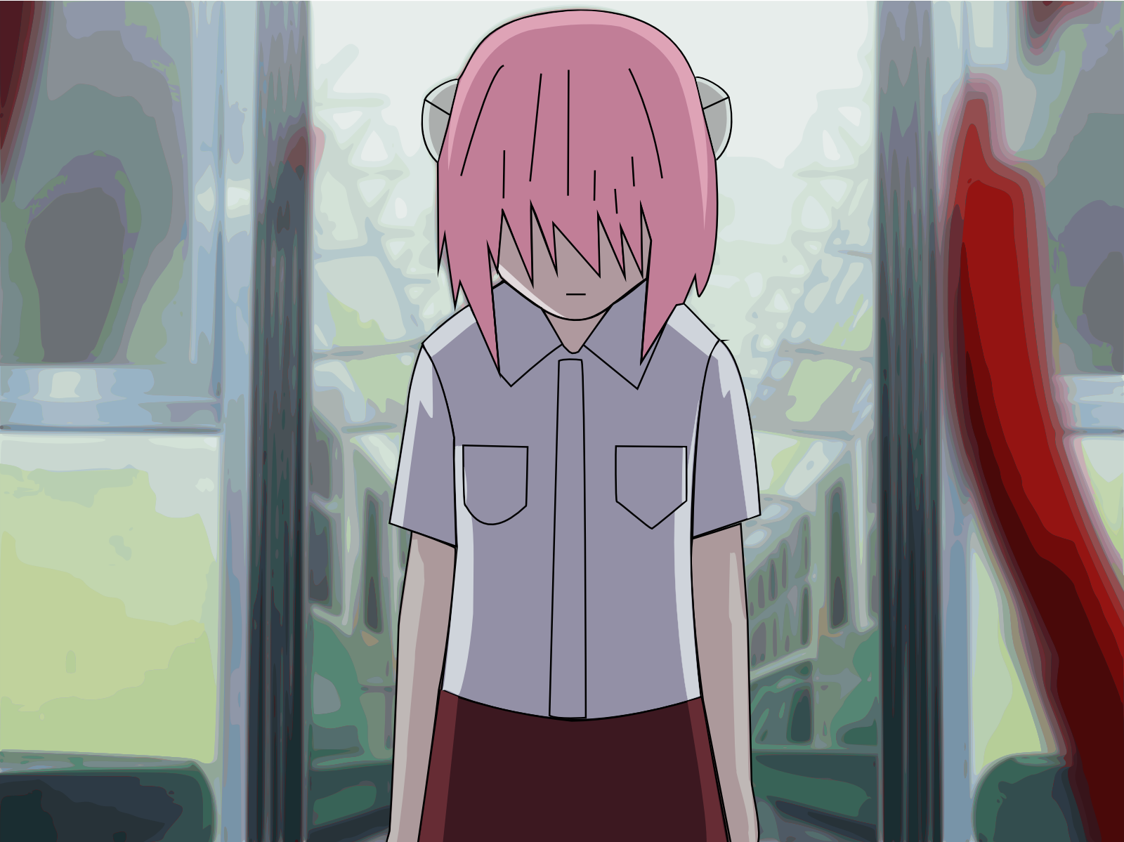 Anime character with pink hair and horns, wearing a white dress and standing in a field.