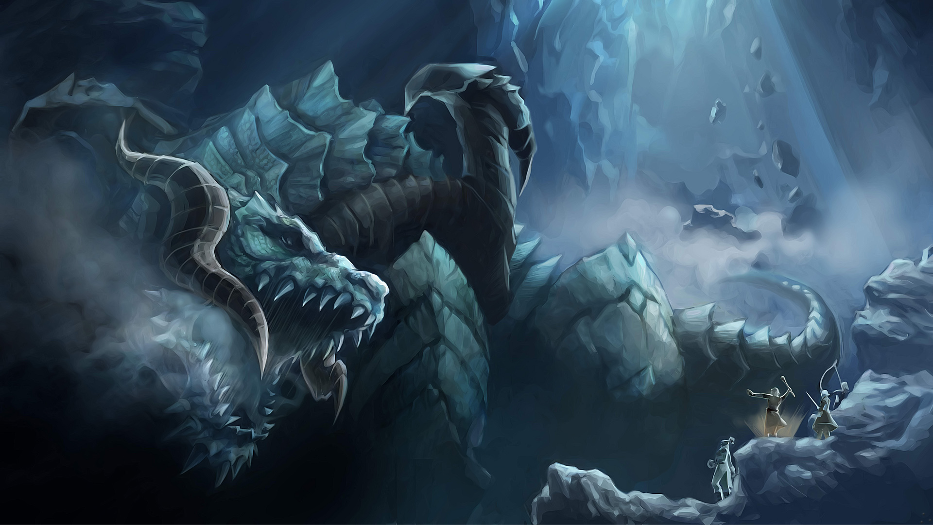 Powerful dragon in a mystical cave, guarded by warriors from different races in a video game.