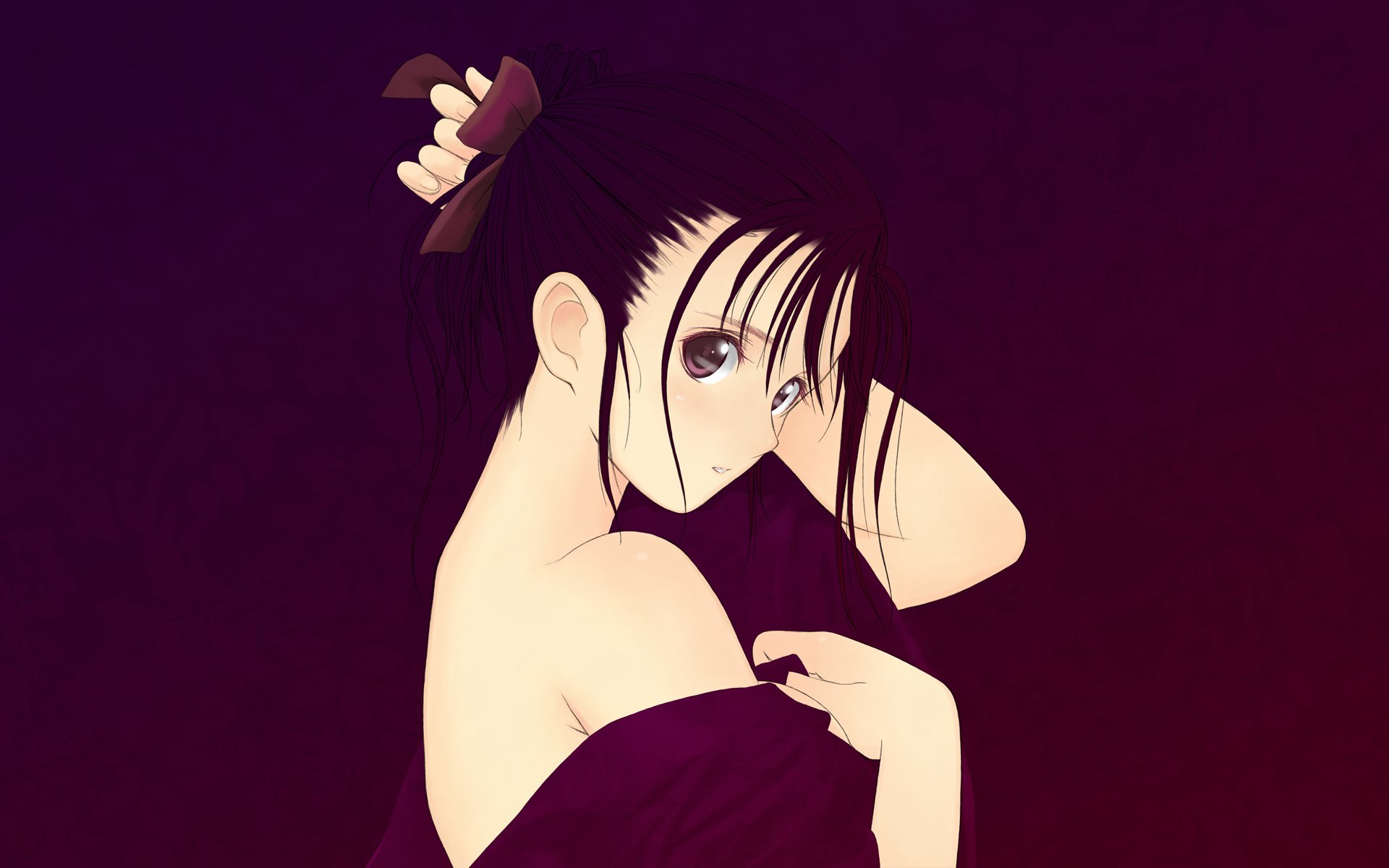 HD anime original artwork of a contemplative young woman adjusting her hair, designed as a vivid PC desktop wallpaper and background.