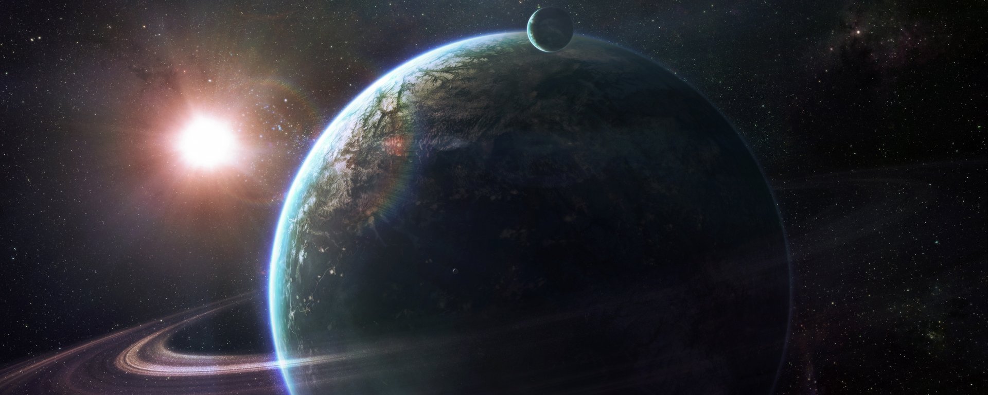 A stunning sci-fi image of a vibrant planet illuminated by a nearby star, featuring a smaller moon. This HD wallpaper adds a celestial ambiance to any desktop background.
