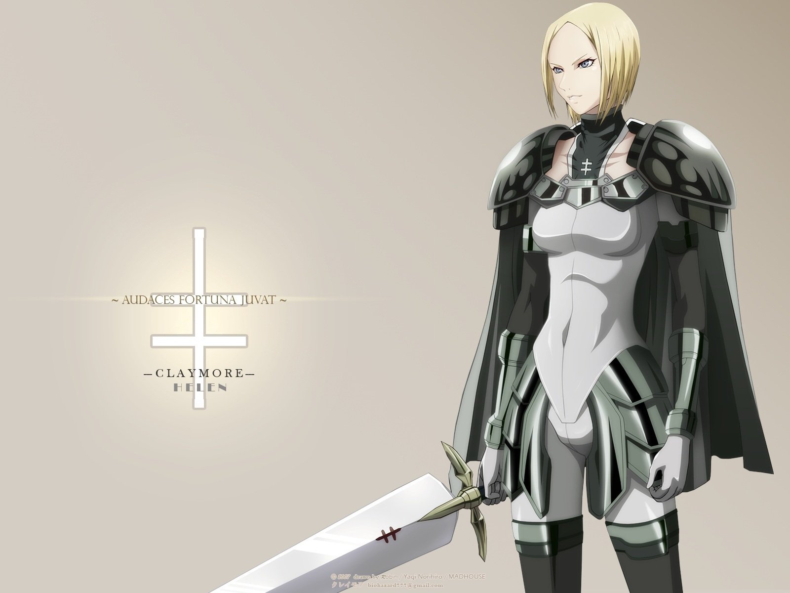 HD anime desktop wallpaper featuring a blonde Claymore warrior in silver armor holding a sword, set against a minimalist light background with the Claymore logo.