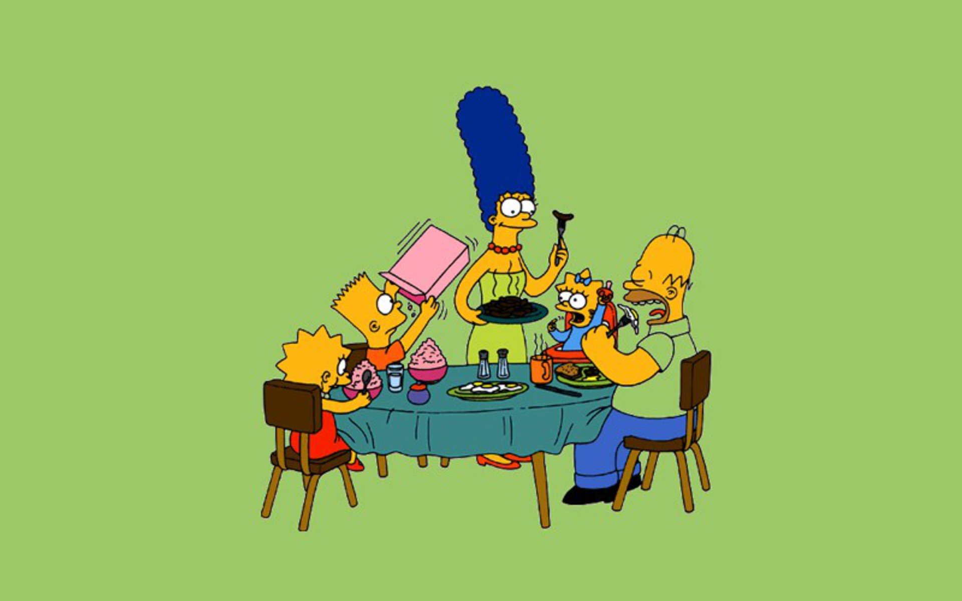 HD PC desktop wallpaper of The Simpsons TV show: Homer, Marge, Bart, Lisa and baby Maggie sharing a meal at a table on a flat green background.