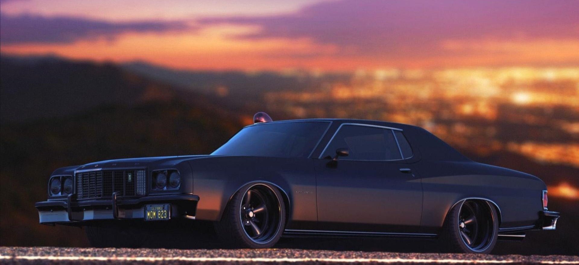 HD desktop wallpaper featuring a sleek Ford Gran Torino vehicle set against a vibrant sunset with a blurred cityscape in the background.