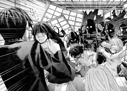 Black-and-white HD anime wallpaper featuring Kouta and Lucy from Elfen Lied in a dynamic, intense scene with other characters and armored figures in the background.