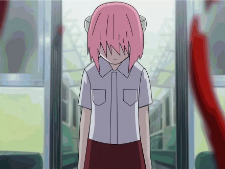 HD anime desktop wallpaper featuring Lucy from Elfen Lied with pink hair covering her eyes, standing in a muted, urban background.