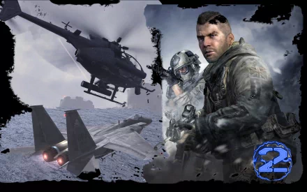 HD PC desktop wallpaper featuring intense characters, a helicopter, and jet fighter from the video game Call of Duty: Modern Warfare 2.