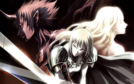 HD PC desktop wallpaper of Claymore anime: armored silver-eyed warrior crouches with sword, a pale luminous woman and a demonic figure looming behind.