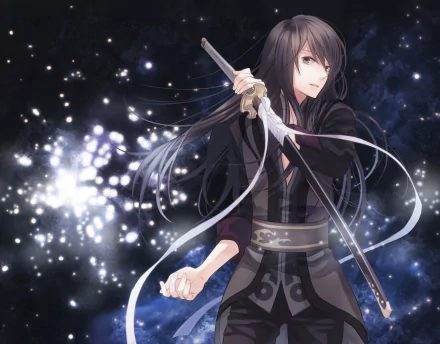 A dynamic anime character from *Tales Of The Abyss*, wielding a sword against a starry background, showcased in an HD PC desktop wallpaper.