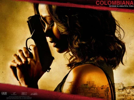 Movie poster-style HD PC desktop wallpaper for Colombiana: moody close-up of a woman holding a pistol to her cheek against a gritty yellow backdrop with a faint city skyline.
