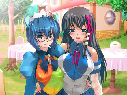 HD PC desktop wallpaper of two Microsoft Windows OS-tan anime girls: blue-haired, glasses Vista-tan and dark-haired XP-tan with ribbons, smiling together in a sunny garden.