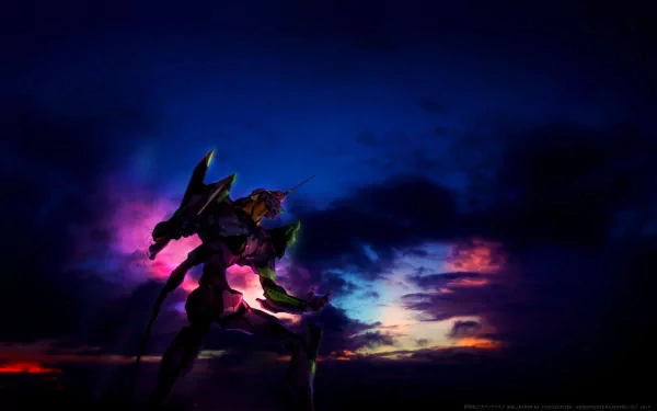 A striking HD wallpaper featuring Evangelion Unit-01 against a dramatic twilight sky, showcasing vibrant colors from the anime Neon Genesis Evangelion.