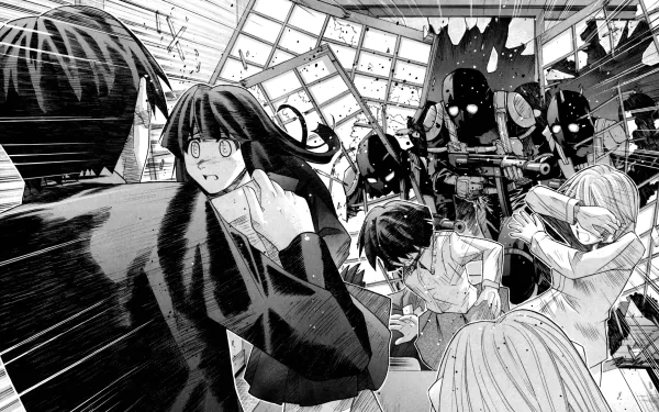 Black-and-white HD anime wallpaper featuring Kouta and Lucy from Elfen Lied in a dynamic, intense scene with other characters and armored figures in the background.