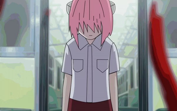 HD anime desktop wallpaper featuring Lucy from Elfen Lied with pink hair covering her eyes, standing in a muted, urban background.