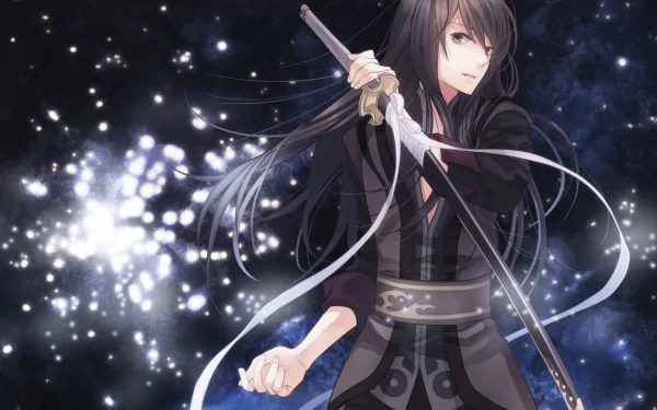 A dynamic anime character from *Tales Of The Abyss*, wielding a sword against a starry background, showcased in an HD PC desktop wallpaper.