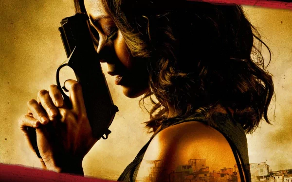 Movie poster-style HD PC desktop wallpaper for Colombiana: moody close-up of a woman holding a pistol to her cheek against a gritty yellow backdrop with a faint city skyline.