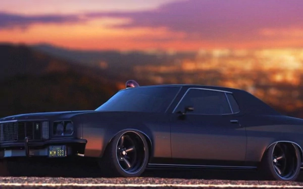 HD desktop wallpaper featuring a sleek Ford Gran Torino vehicle set against a vibrant sunset with a blurred cityscape in the background.