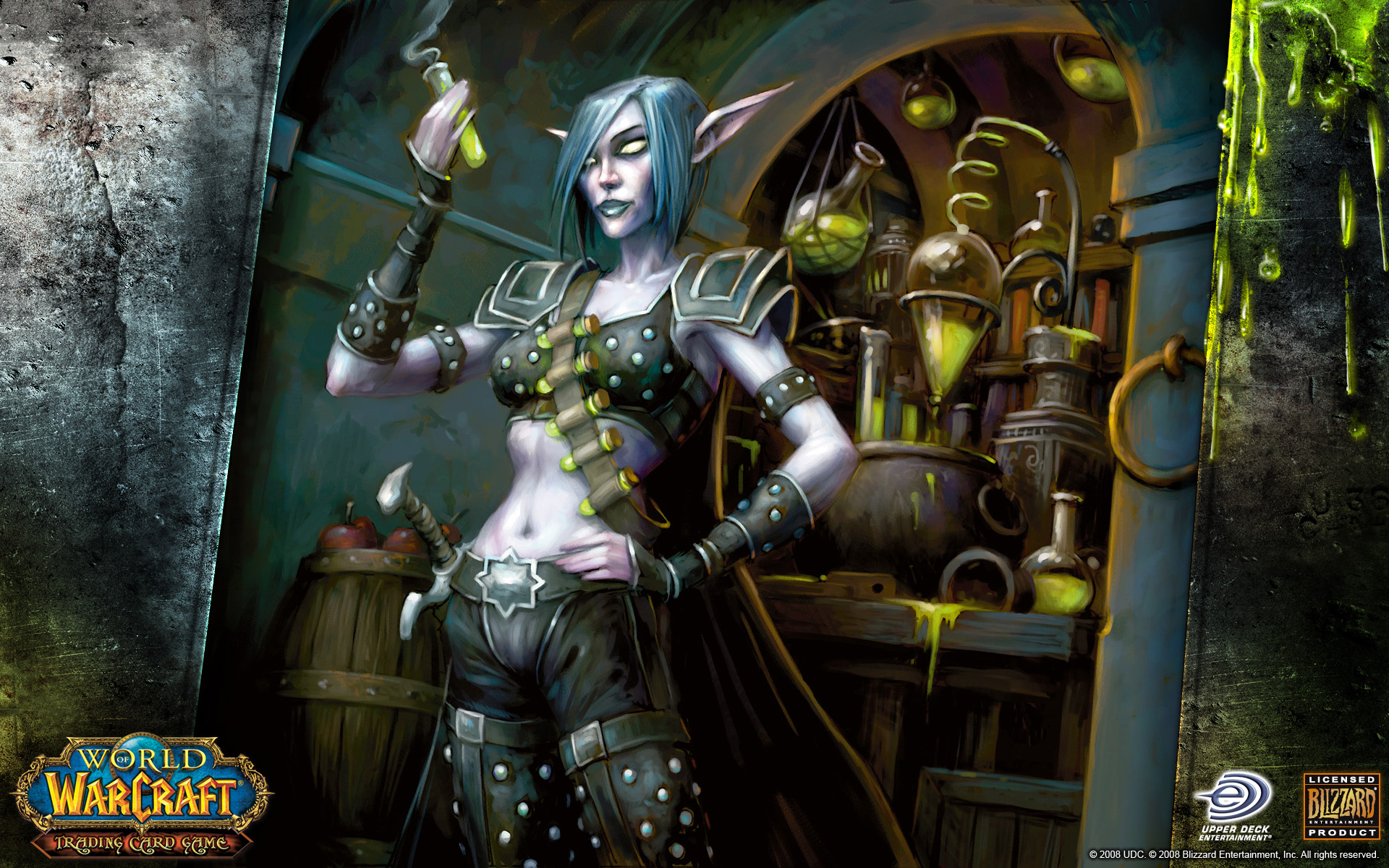 Night Elf character conducting alchemical magic in the dark realm of World of Warcraft desktop wallpaper.
