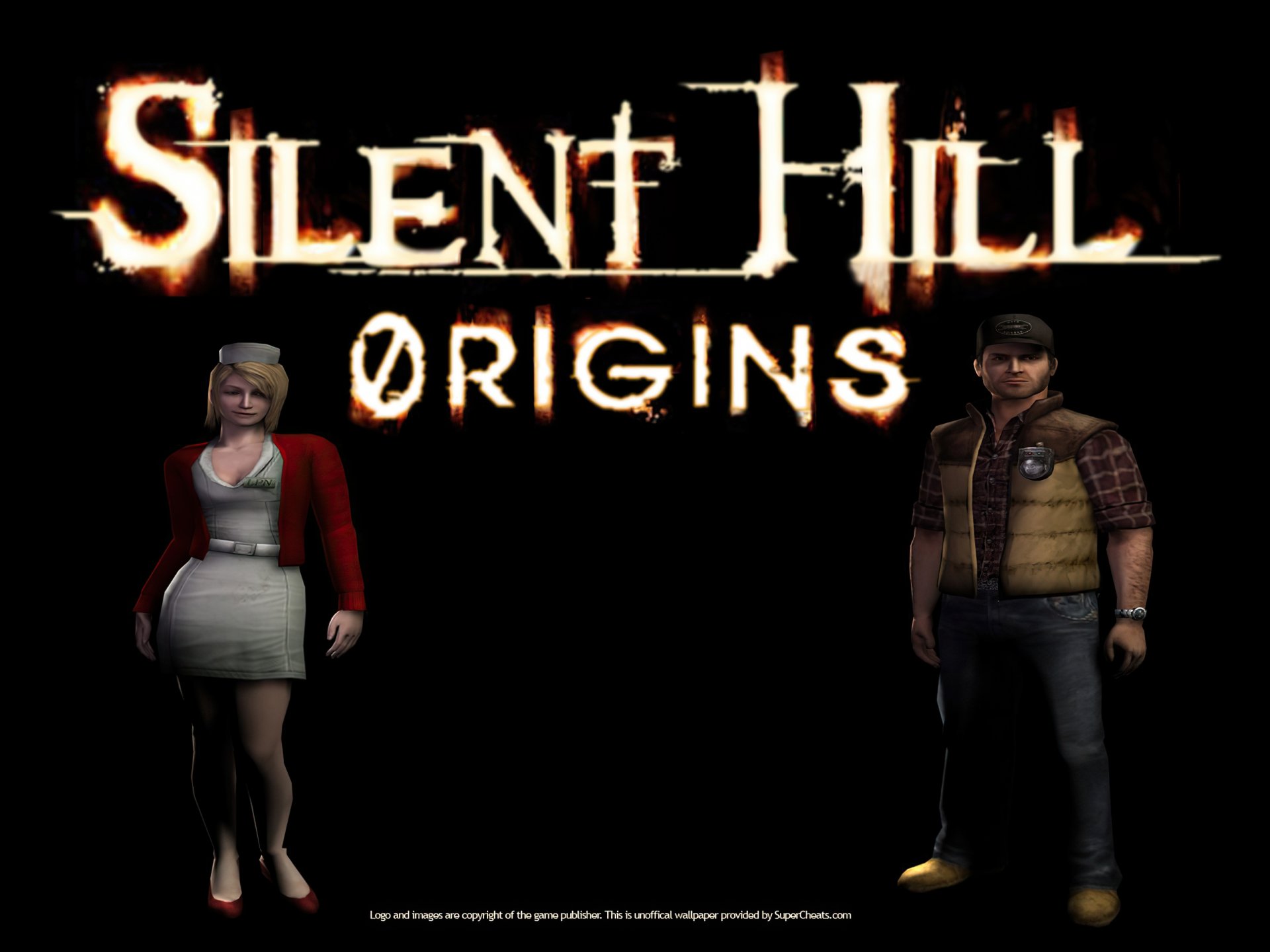 HD PC desktop wallpaper featuring characters from the video game Silent Hill Origins with the game's title prominently displayed on a black background.