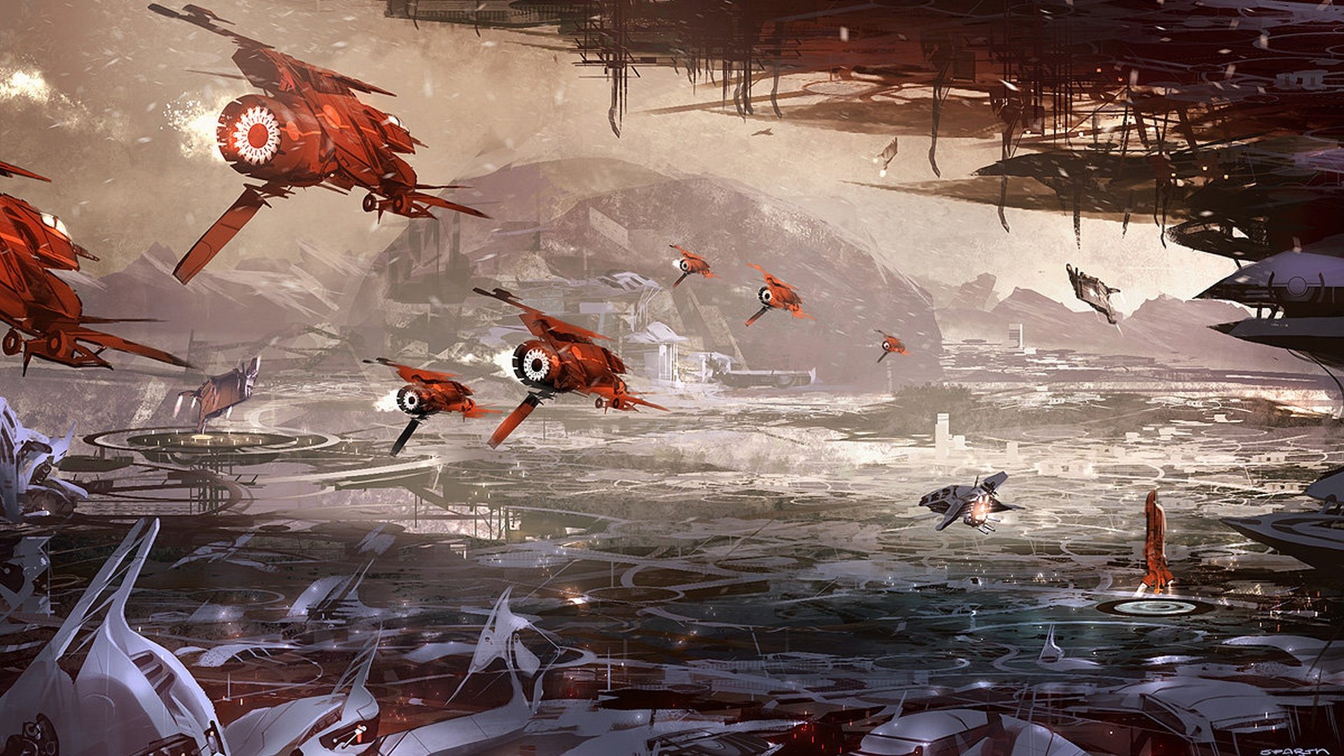 HD PC desktop wallpaper featuring a sci-fi fantasy scene with futuristic flying ships over a mysterious, rugged landscape under an ominous sky.