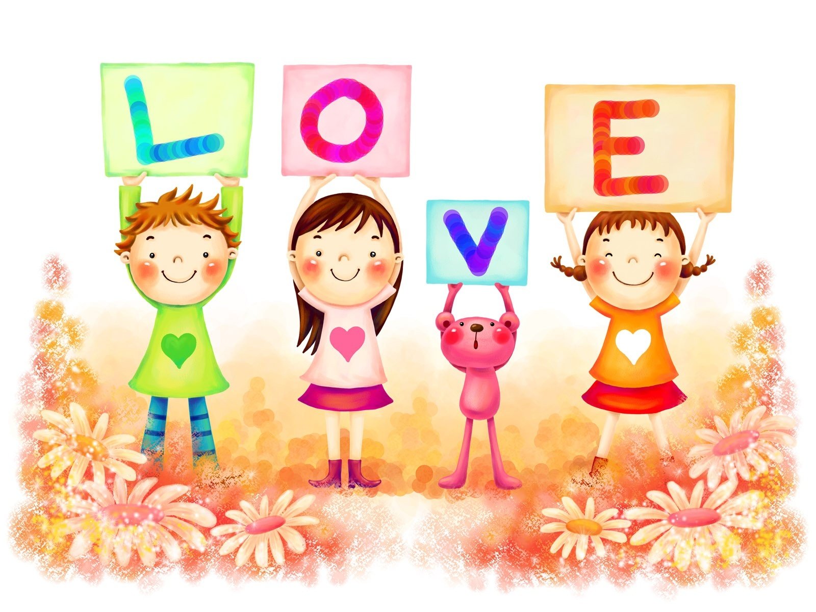 HD PC desktop wallpaper background photography-style illustration of cheerful children and a pink cat holding colorful panels that spell LOVE amid pastel flowers