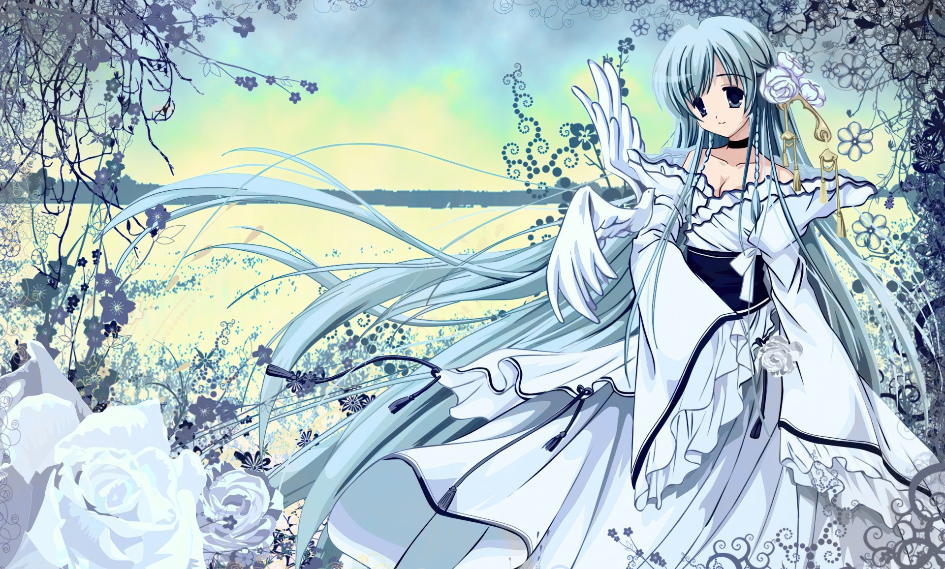 HD anime desktop wallpaper featuring a serene woman with long silver hair in an elegant white dress, surrounded by delicate floral and vine patterns.