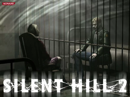 HD PC desktop wallpaper featuring a tense scene from the video game Silent Hill 2, showing two characters interacting behind metal bars in a dark, atmospheric setting.
