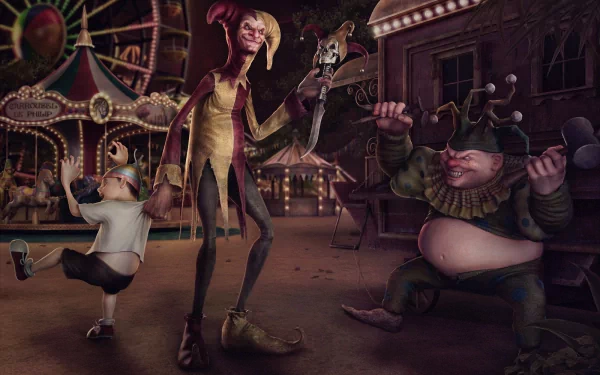 HD desktop wallpaper featuring a dark, eerie clown scene with a sinister jester in the foreground and a carnival backdrop.
