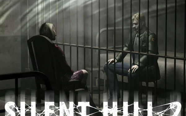 HD PC desktop wallpaper featuring a tense scene from the video game Silent Hill 2, showing two characters interacting behind metal bars in a dark, atmospheric setting.