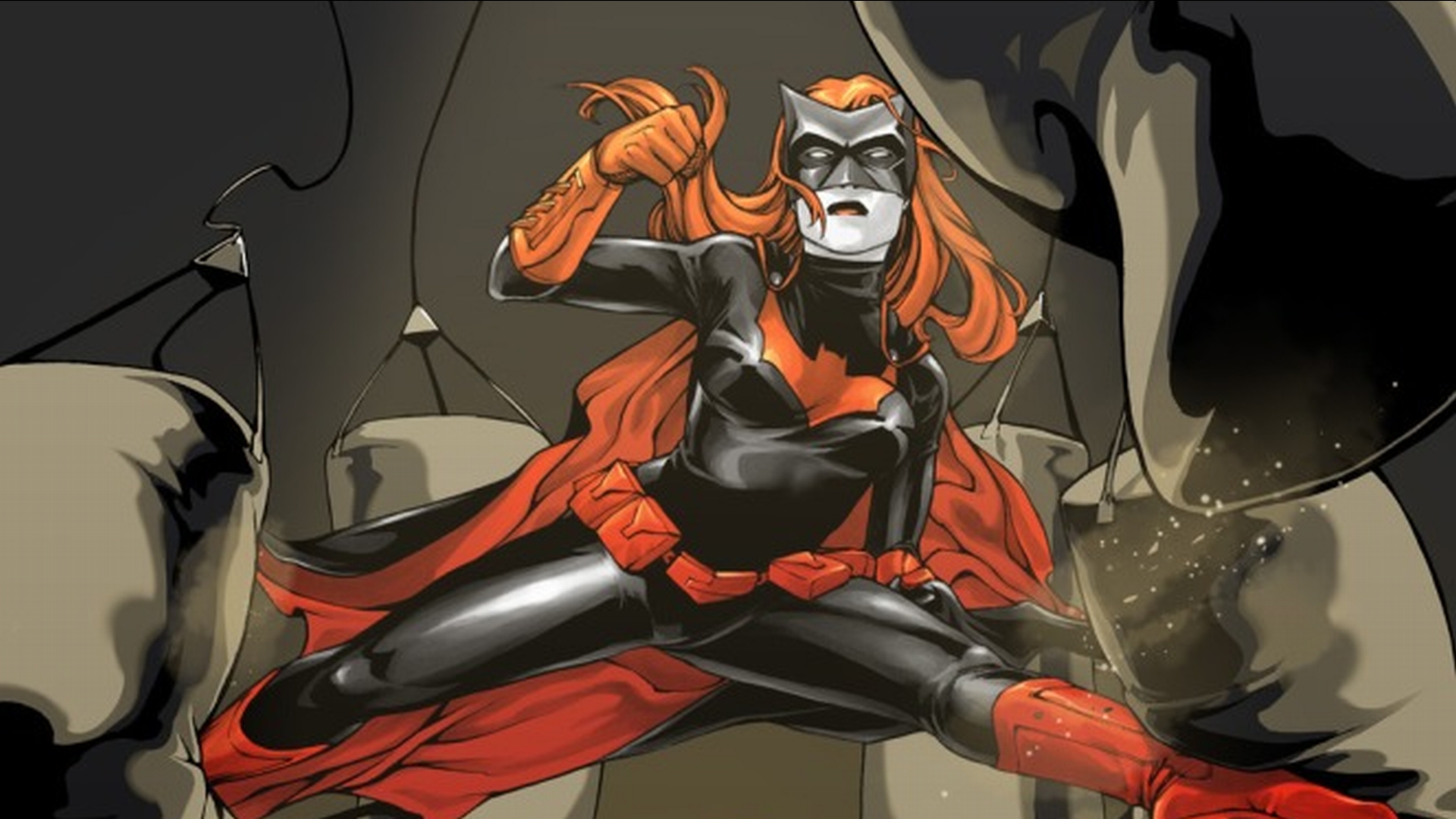 Batwoman comic-themed desktop wallpaper. Vibrant colors, dynamic illustration.