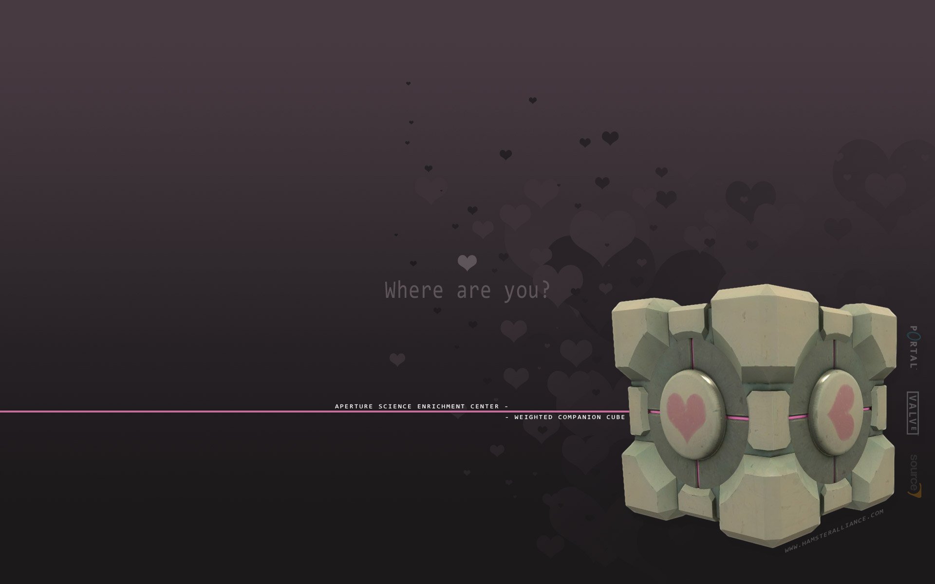 HD PC desktop wallpaper featuring the Companion Cube from the Portal video game, set against a dark background with the text Where are you?.