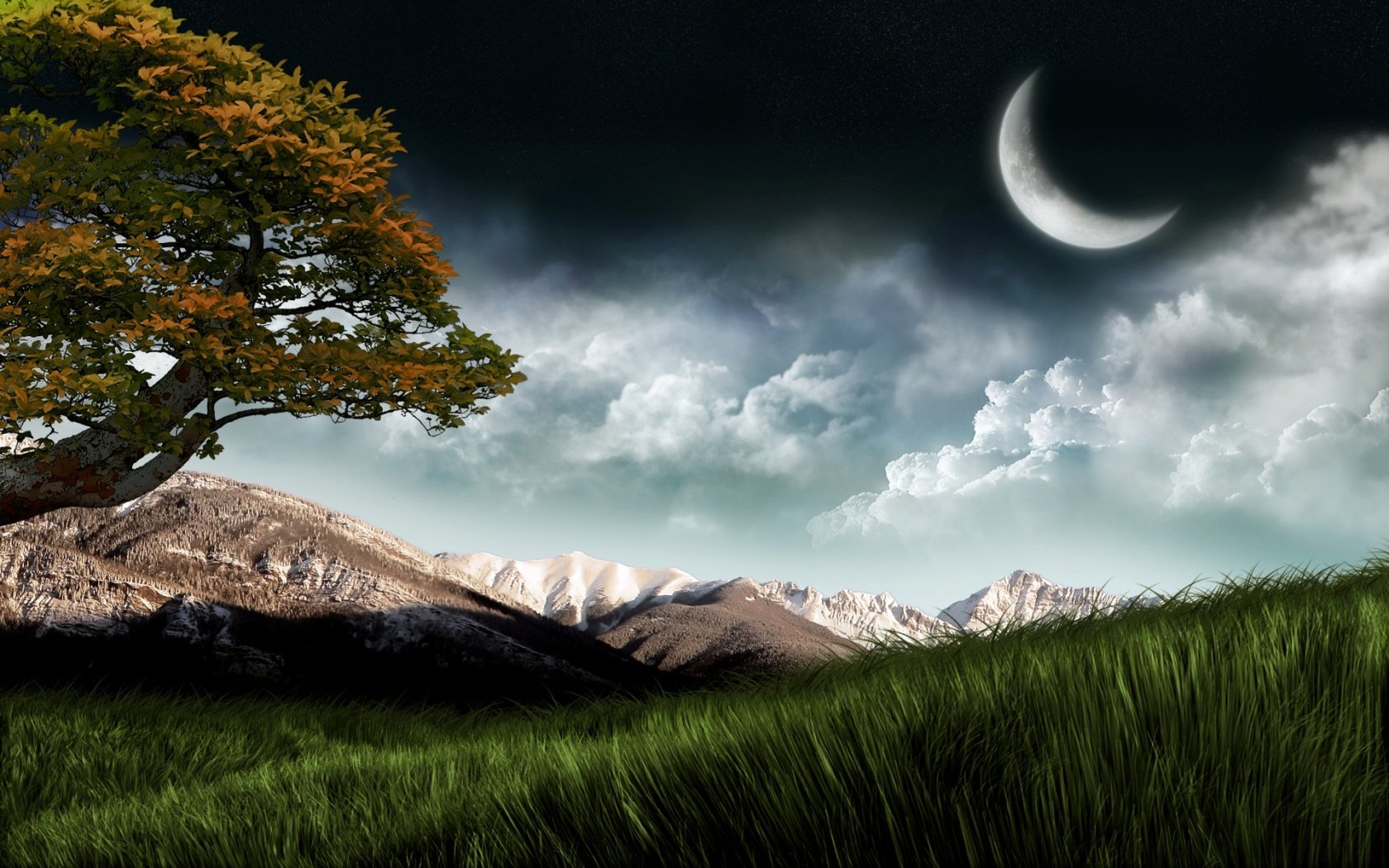 HD sci-fi PC desktop wallpaper/background: crescent moon hangs over dramatic clouds, snow-capped mountains, windswept grass and a lone tree in the foreground.