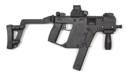 A detailed vector graphic of a man-made submachine gun, showcasing its sleek design and features, presented as a high-definition desktop wallpaper and background.