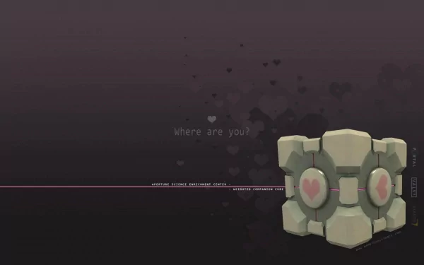 HD PC desktop wallpaper featuring the Companion Cube from the Portal video game, set against a dark background with the text Where are you?.