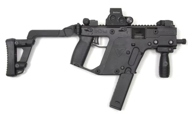 A detailed vector graphic of a man-made submachine gun, showcasing its sleek design and features, presented as a high-definition desktop wallpaper and background.