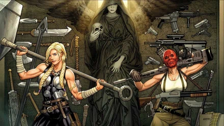 HD comic-style desktop wallpaper featuring two fearless women armed with weapons flanking a dark, hooded grim reaper figure holding a skull.