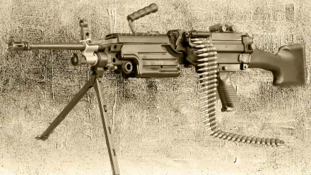 HD desktop wallpaper featuring a man-made machine gun with a bipod and ammunition belt. The image has a sepia tone and a textured background.