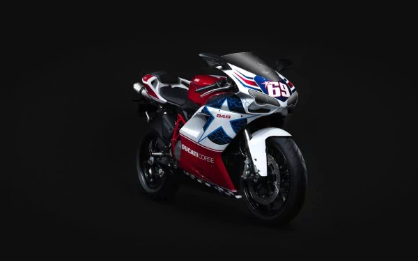 HD PC desktop wallpaper featuring a Ducati motorcycle with a white, red, and blue racing design against a black background.