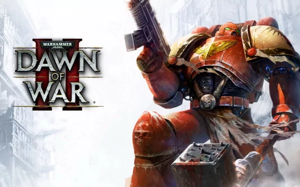 HD PC desktop wallpaper featuring a heavily armored Space Marine from the Warhammer 40K game Dawn of War, holding a large futuristic gun.