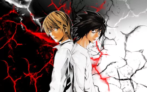 HD wallpaper featuring Light Yagami and L from the anime Death Note, standing back-to-back against a dramatic black and white background with red cracks.