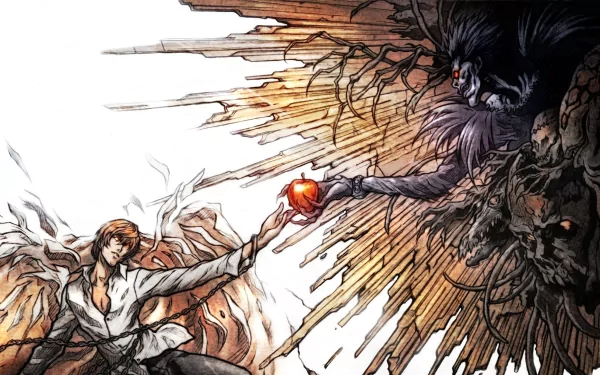 HD desktop wallpaper featuring characters from the anime Death Note, depicting an intense moment where a human figure reaches for an apple held by a dark, winged creature.