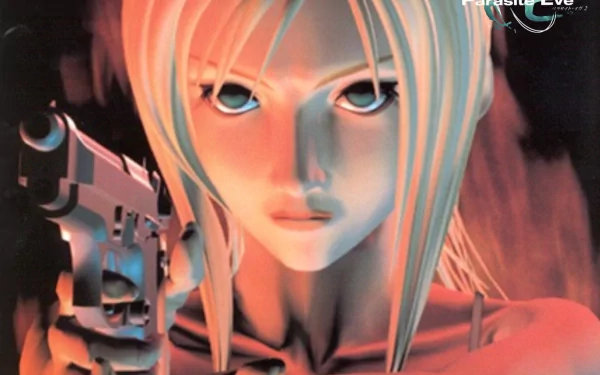 HD PC desktop wallpaper featuring a close-up of a character from the video game Parasite Eve, holding a gun with an intense expression and fiery background.