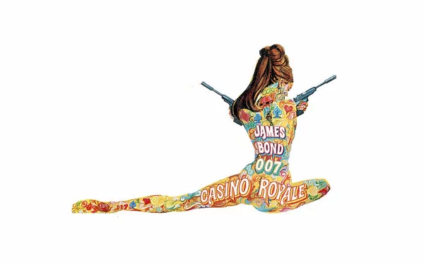 HD PC desktop wallpaper featuring a colorful silhouette of a woman with guns, filled with artwork and text from the movie Casino Royale (1967), James Bond 007.