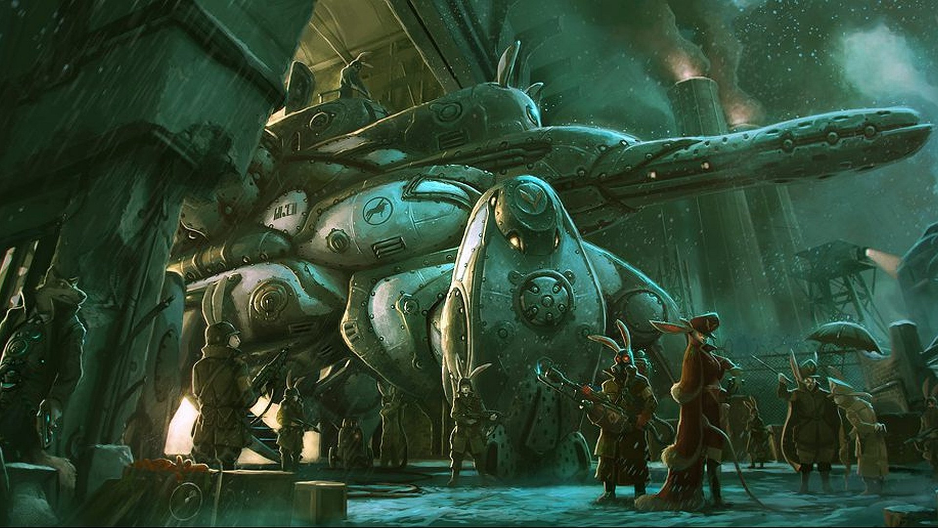 A detailed sci-fi fantasy scene depicting a group of figures gathered around a large, futuristic aircraft inside a dimly lit, industrial hangar, captured in HD for PC desktop wallpaper.