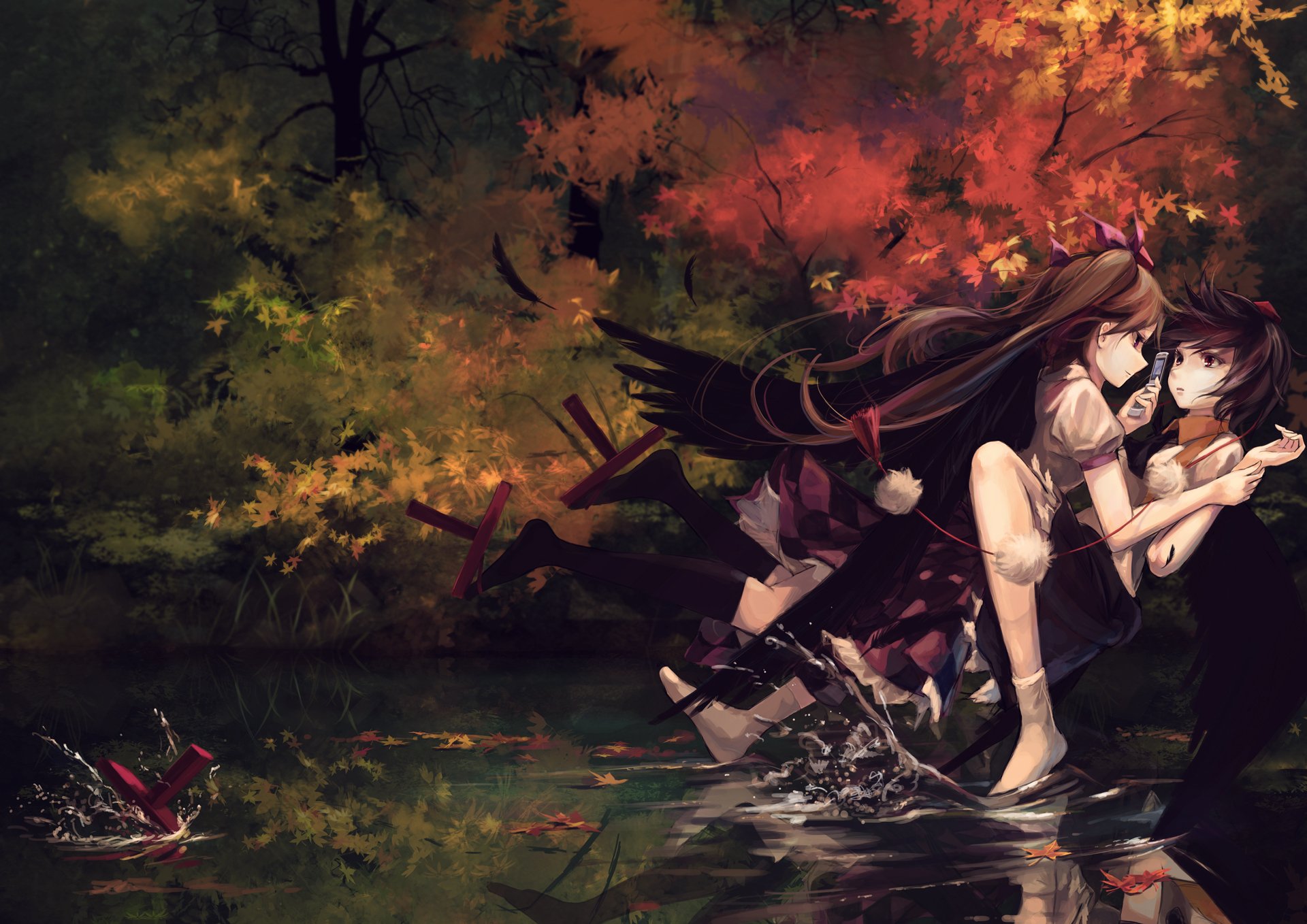 HD anime desktop wallpaper featuring yuri-themed Aya Shameimaru and Hatate Himekaidou from Touhou, set against a serene autumn forest background.