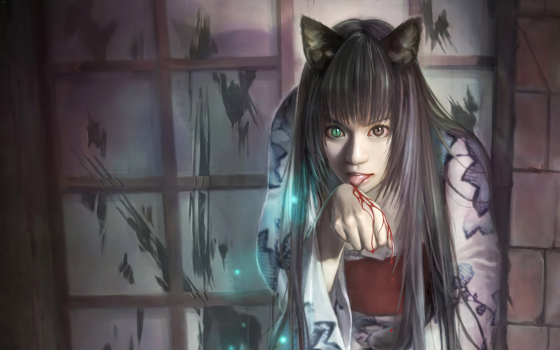 A dark fantasy-themed HD wallpaper featuring a mysterious character with cat ears, set against a haunting background of broken windows and ethereal glowing accents.